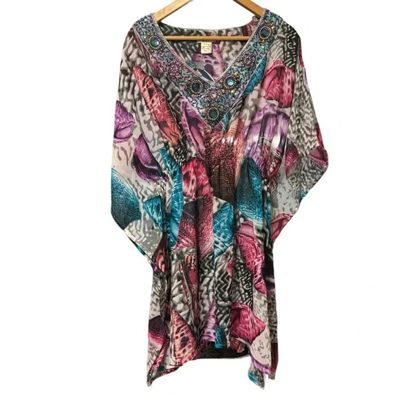 Lucky and Coco Printed Beaded Sparkle Coverup Dress Elastic Waist V Neck Size L - Picture 1 of 4